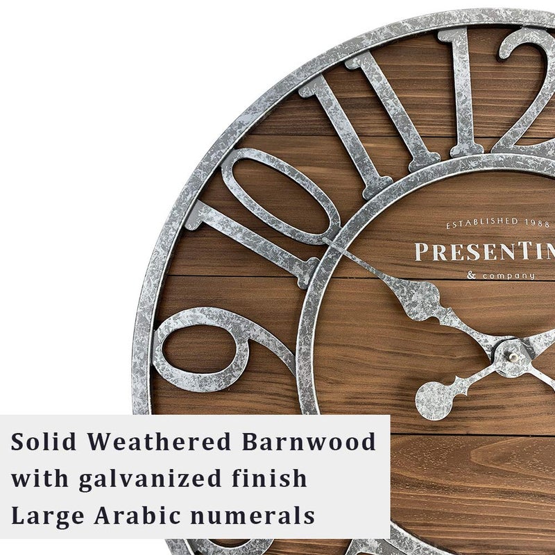 Presentime & Co Vintage Farmhouse Series, Galvanized Rustic Barnwood Clock, 19.5 inch, Galvanized Finish Arabic Numerals with Weathered Natural Barnwood, Farmhouse DÃ©cor/Wall DÃ©cor - Image 2